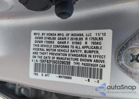 2013 Honda Civic Lx z USA, uszkodzony, nr VIN 19XFB2F59DE096288